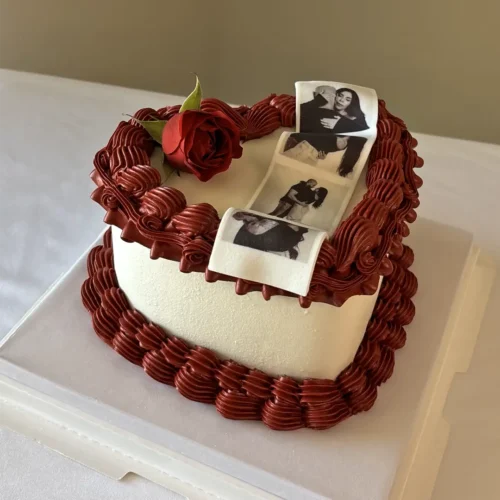 Heart-Shaped Cake with Rose and Photo Strip - Image 2