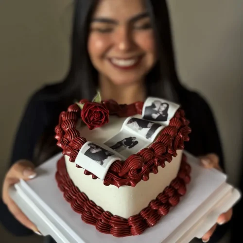 Heart-Shaped Cake with Rose and Photo Strip - Image 4